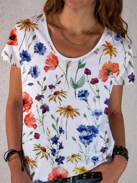 

Casual Vacation Floral Printed Regular Fit Short Sleeve Round Neck T-Shirt, White, Tees & T-shirts