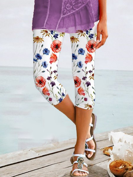 

Casual Vacation Floral Print Elastic Waist Knee Length Pants, White, Pants