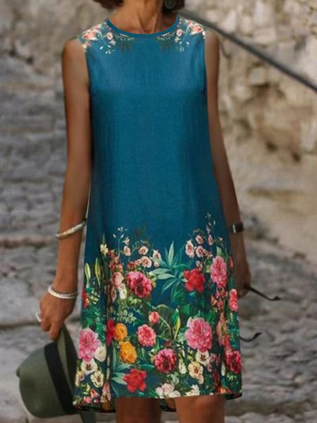 

Floral Sleeveless Woven Dresses, Lake blue, Mini Dresses