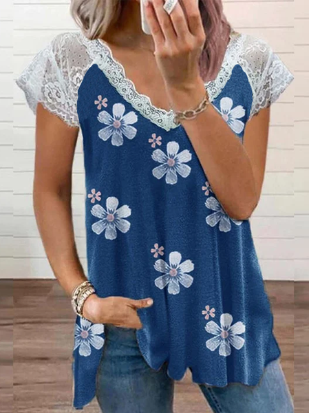 

Casual Floral V Neck Short Sleeve Tops, Blue, T-Shirts