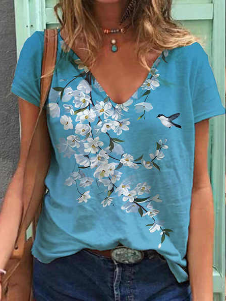 

V Neck Vacation Floral Short Sleeve T-Shirt, Blue, T-Shirts