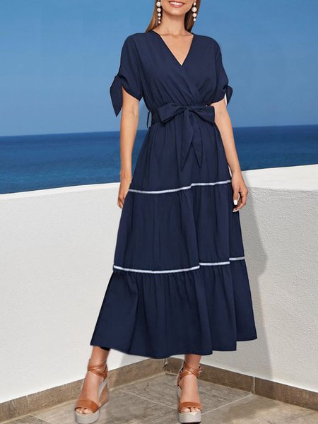 

V Neck Vacation Short Sleeve Woven Dress, Blue, Maxi Dresses
