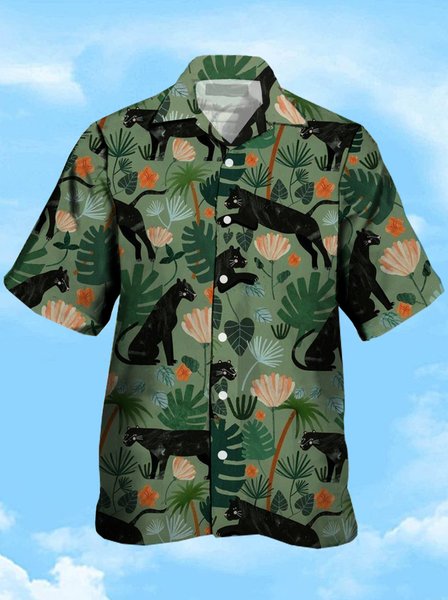 

Mens Tropical Leopard Leaves Print Casual Breathable Short Sleeve Shirt, Green, Men's Floral shirt