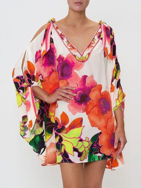 

Holiday Loosen V Neck Floral Short Sleeve Woven Dress, White, Mini Dresses