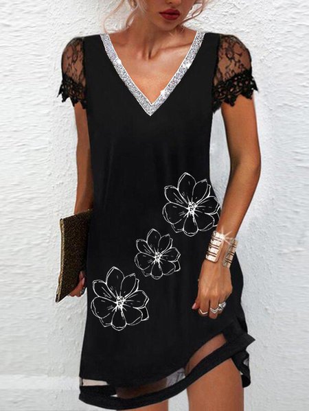 

Casual Guipure Hollow Out Short Sleeve Woven Dress, Black, Dresses