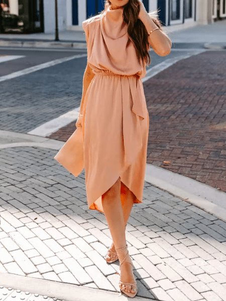 

Summer Stand Collar Lightweight Stand Collar Elegant Short Sleeve Woven Dress, Pink, Midi Dresses
