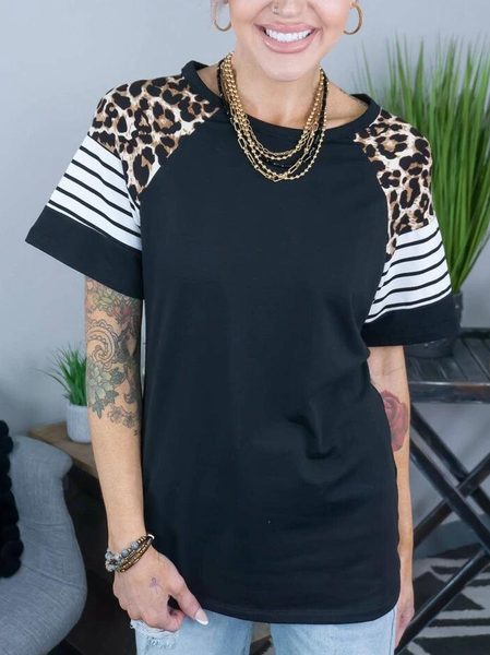 

Loosen Striped Leopard Casual Short Sleeve T-Shirt, As picture, T-Shirts
