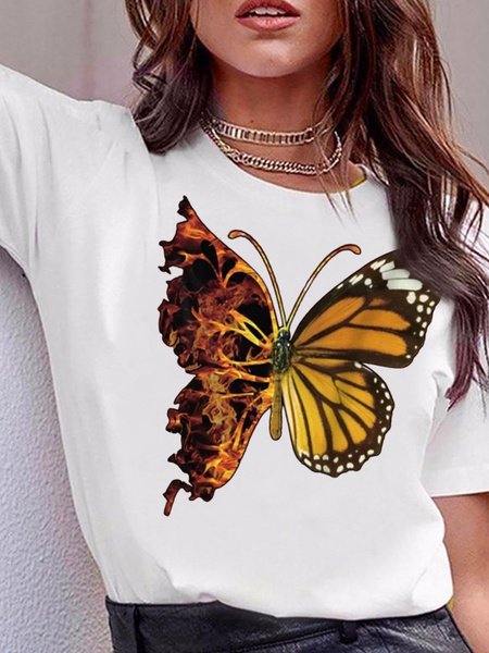 

Butterfly print designer hot style women's knitted T-shirt, White, T-Shirts