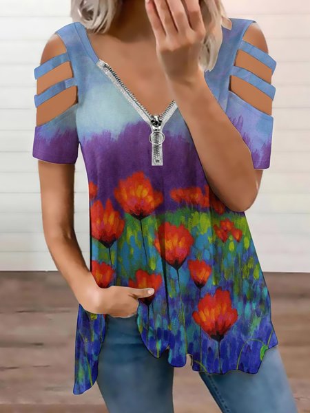 

Casual Floral Gradient Print V-Neck Top, As picture, Blouses