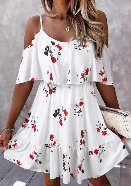 

Floral Loosen Vacation Short Sleeve Woven Dress, White, Mini Dresses
