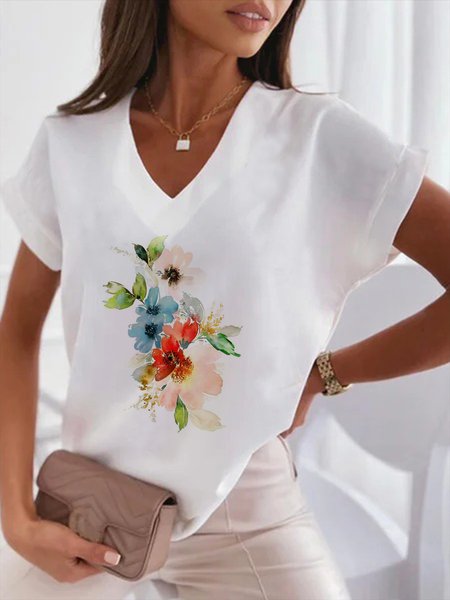 

Casual Floral Loosen V neck Short Sleeve Tops, White, Tops