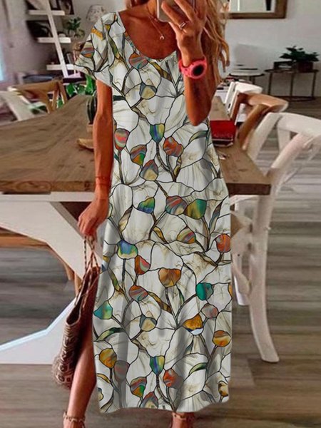 

Vacation Floral Loosen U-Neck Maxi Short Sleeve Knit Dress, Flower, Maxi Dresses
