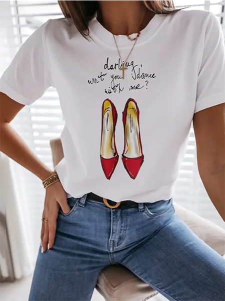 

Letter Crew Neck Short Sleeve Casual T-Shirt, White, T-Shirts