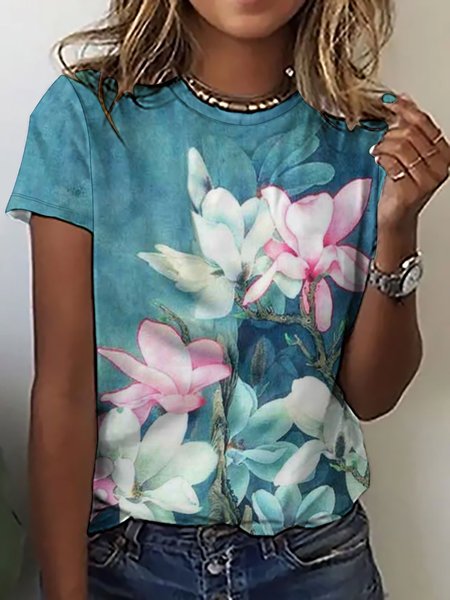 

Fancy Flower Print Casual Short Sleeve T-Shirt, As picture, T-shirts