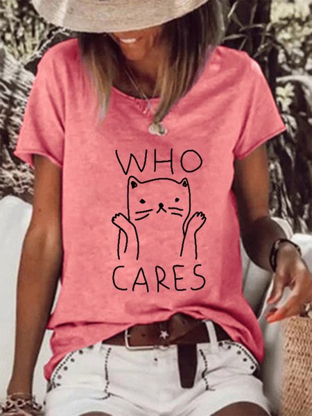 

Funny WHO CARES CAT Casual Short Sleeve T-Shirt, Pink, T-shirts