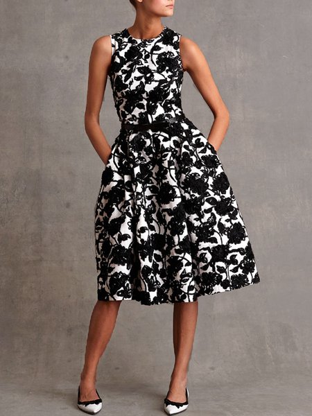 

Crew Neck Sleeveless Woven Midi Dress, Black, Midi Dresses