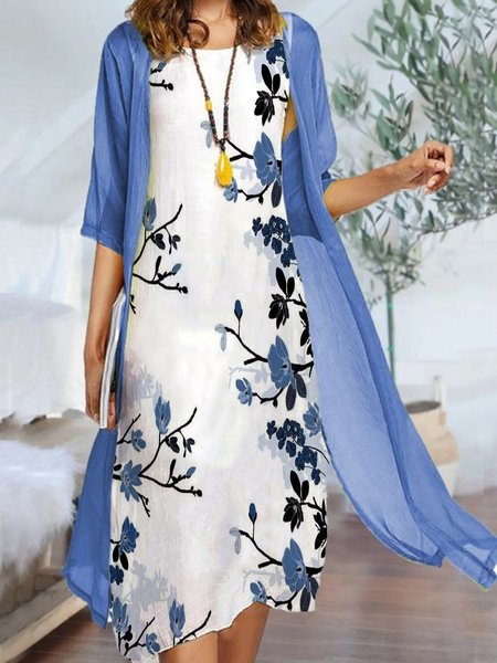 

Casual Floral Three Quarter Dress With Coat Two Piece Sets, Blue, Midi Dresses