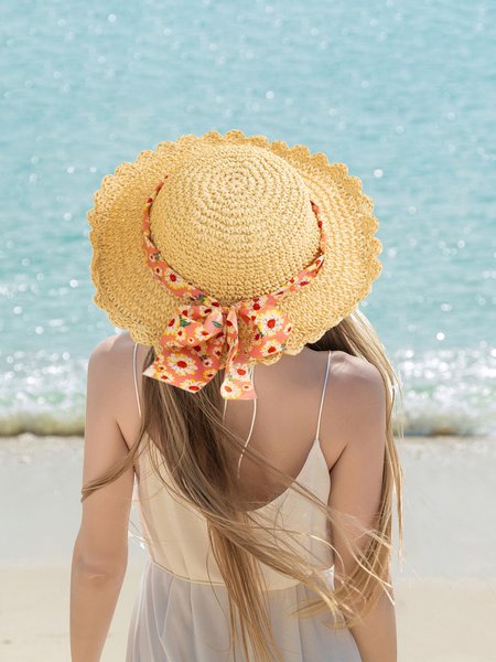 

Printed Ribbon Beach Straw Hat, Color4, Hats