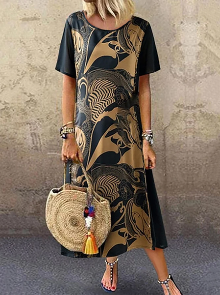 

JFN Round Neck Tribal Casual Midi Dress, As picture, Casual Dresses