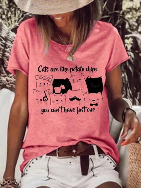 

Funny Cats Are Like Potato Chips Crew Neck Loosen Short Sleeve T-Shirt, Pink, T-shirts