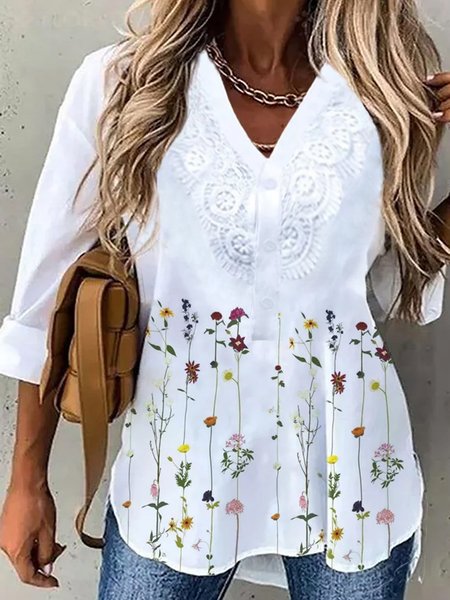 

Plus size Floral Long Sleeve Casual Blouse, White, Blouses & Shirts