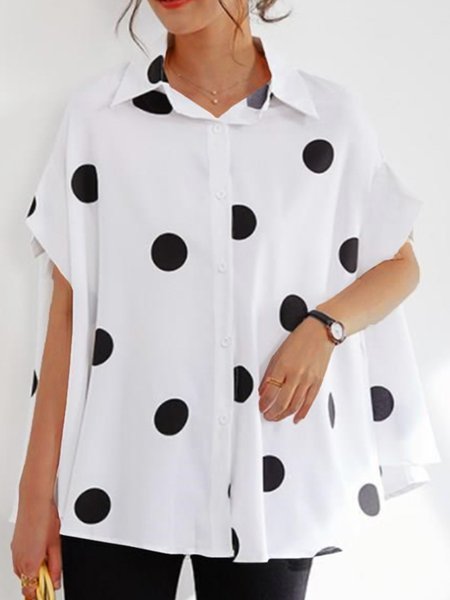 

Casual Polka Dots Short Sleeve Loosen Blouse, White, Blouses and Shirts