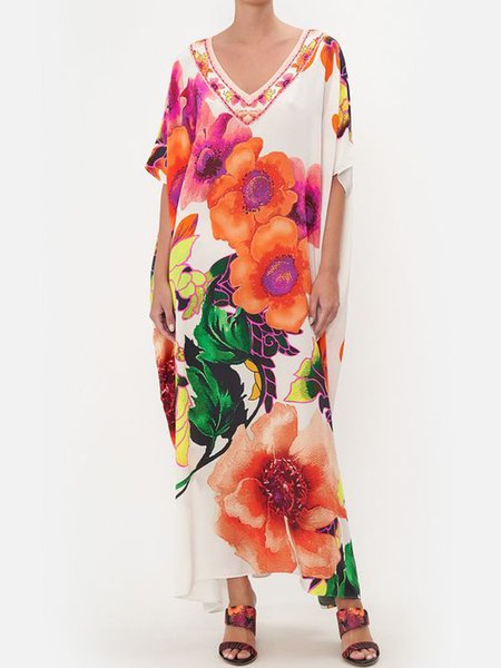 

V Neck Vacation Floral Short Sleeve Woven Dress, White, Maxi Dresses