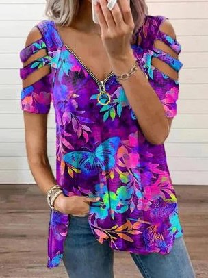 

Vacation Raglan Sleeve Butterfly Short Sleeve Tops, Purple, T-Shirts