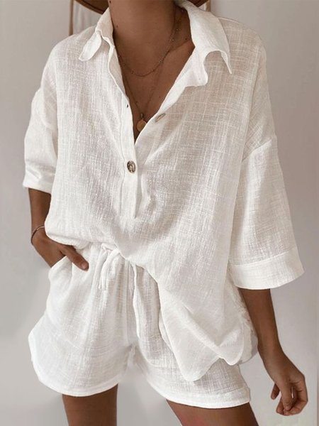 

Shirt Collar Loosen Casual Two Piece Set, White, Short Set