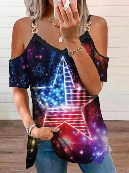 

Vacation Ombre Star Flag Printed Loosen V Neck Short Sleeve T-Shirt, Black, T-Shirts