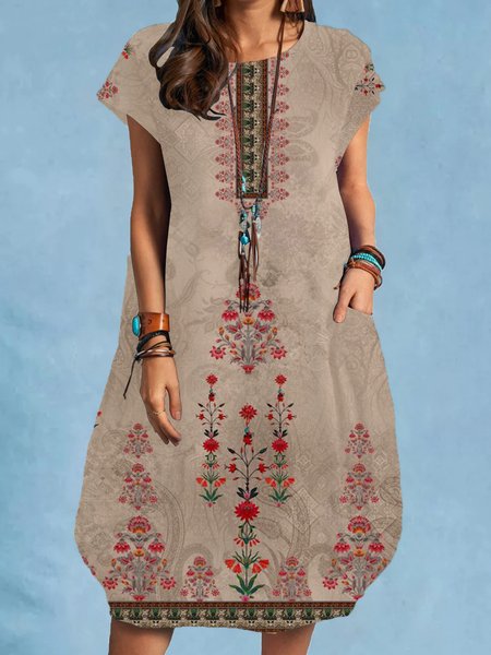 

Casual Floral Tribal Short Sleeve Woven Dress, Deep khaki, Midi Dresses
