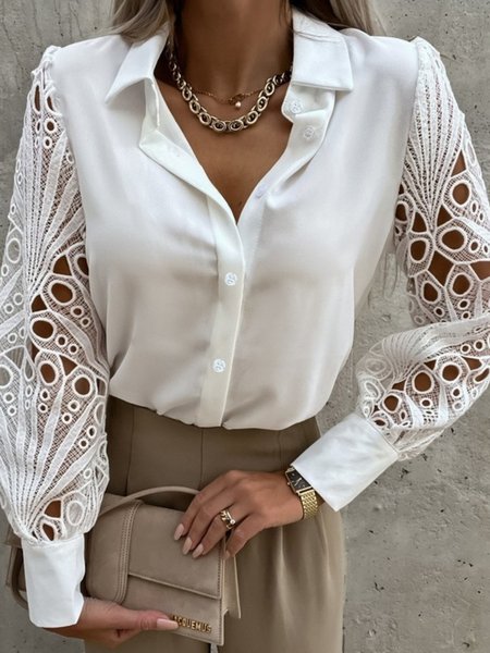 

Spring Regular Fit Elegant Plain Daily Lightweight Long sleeve Tops, White, Blouses and Shirts