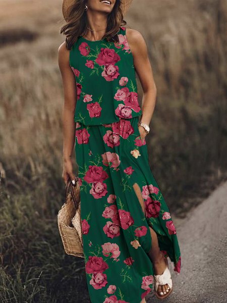 

Vacation Regular Fit Floral Sleeveless Maxi Dress, Green, Maxi Dresses