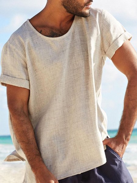 

Men's Cotton Linen Comfortable Short Sleeve Shirt, Apricot, T-Shirts
