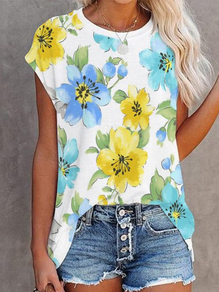 

Casual Round Neck Floral Short Sleeve T-Shirt, White, T-Shirts
