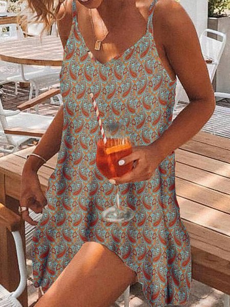 

V Neck Boho Regular Fit Sleeveless Knit Dress, Multicolor, Mini Dresses