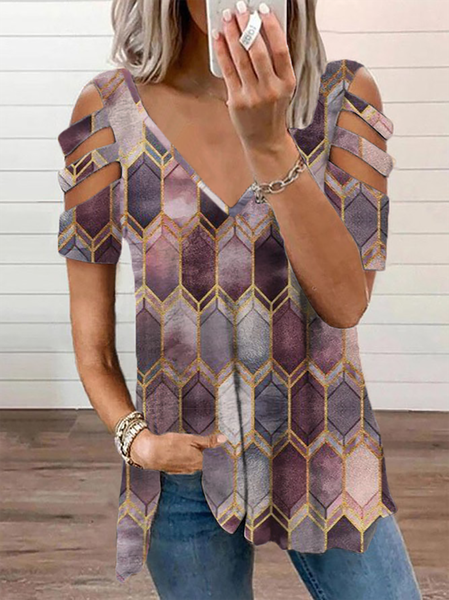 

Plus size V Neck Printed Casual Short Sleeve T-Shirt, Purple, T-Shirts