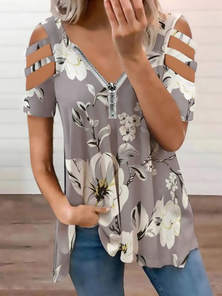 

Vintage Floral Loosen Short Sleeve Tops, As picture, Blouses