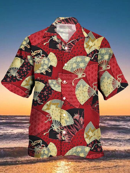 

Men's Vintage Pattern Print Casual Breathable Short Sleeve Hawaiian Shirt, Red, Men's Floral shirt