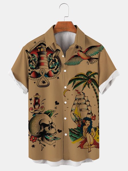 

Men's Retro Hula Beauty Print Casual Breathable Hawaiian Short Sleeve Shirt, Khaki, Men's Floral shirt