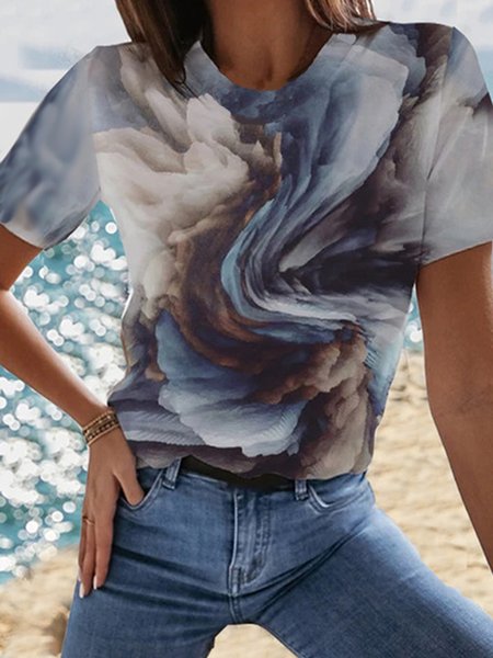 

Casual Landscape Print Short Sleeve T-Shirt, Blue, T-Shirts