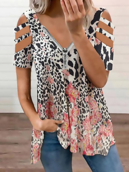 

Leopard Print Vintage Tribal Short Sleeve Top, Black, Blouses
