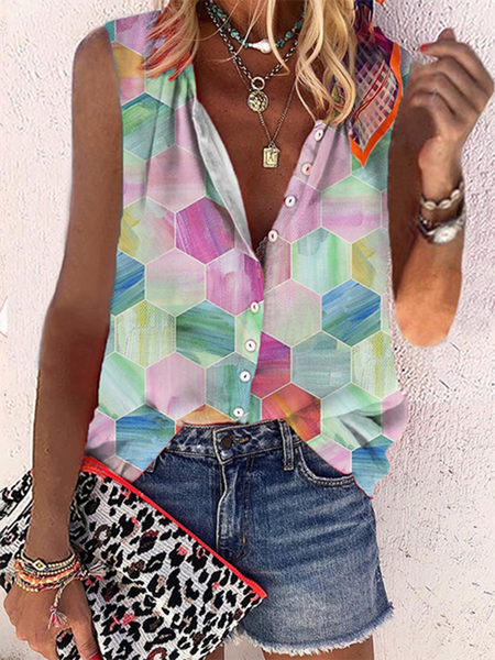 

Color Block V neck Short Sleeve Casual Blouse, As picture, Blouses & Shirts