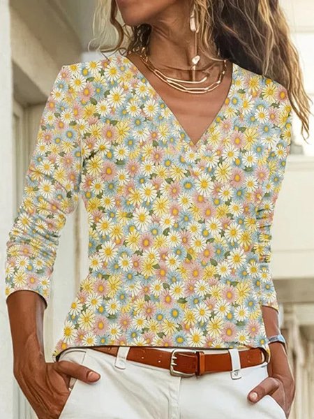 

Floral V Neck Casual Long Sleeve T-Shirt, Flower, T-Shirts