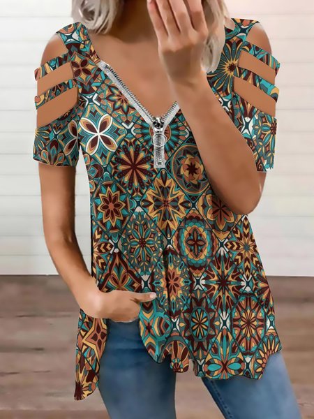 

Loosen Vintage Geometric Short Sleeve Tops, Green, Blouses