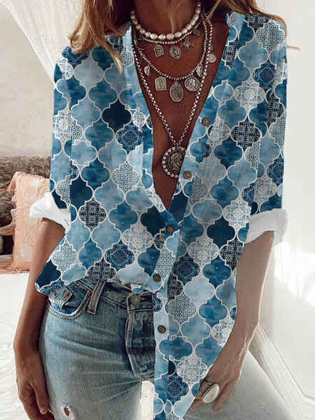 

Plus size Casual Geometric Printed Long Sleeve Blouse, Blue, Blouses & Shirts