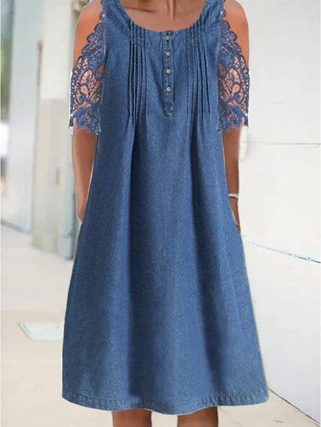 

Casual Denim Guipure Short Sleeve Woven Dress, Blue, Dresses