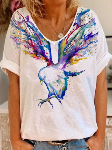 

V Neck Casual Loosen Short Sleeve T-Shirt, White, T-Shirts