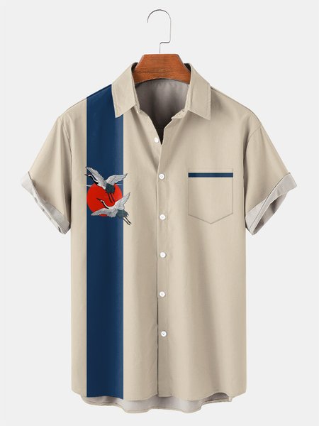 

Japanese Crane Graphic Men's Casual Short Sleeve Shirt, Beige, Men's Floral shirt