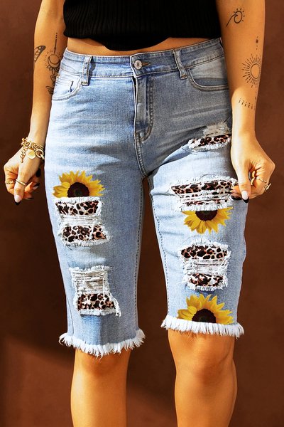 

Ripped Leopard Floral Printed Casual Denim Shorts, Blue, Shorts